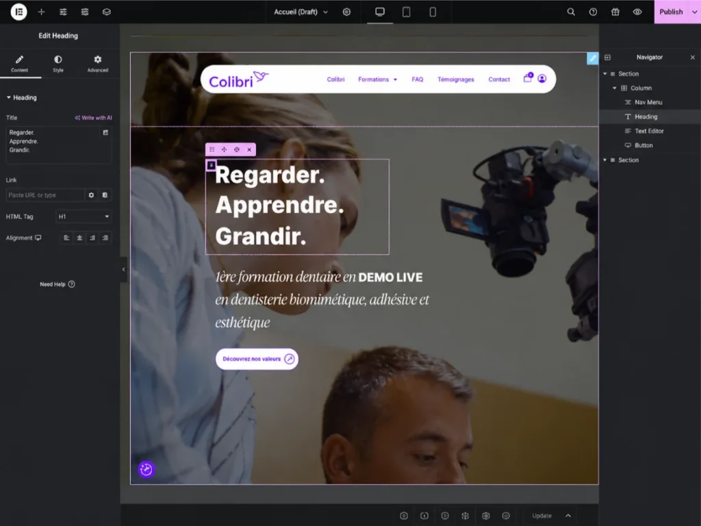 le site colibri sur elementor